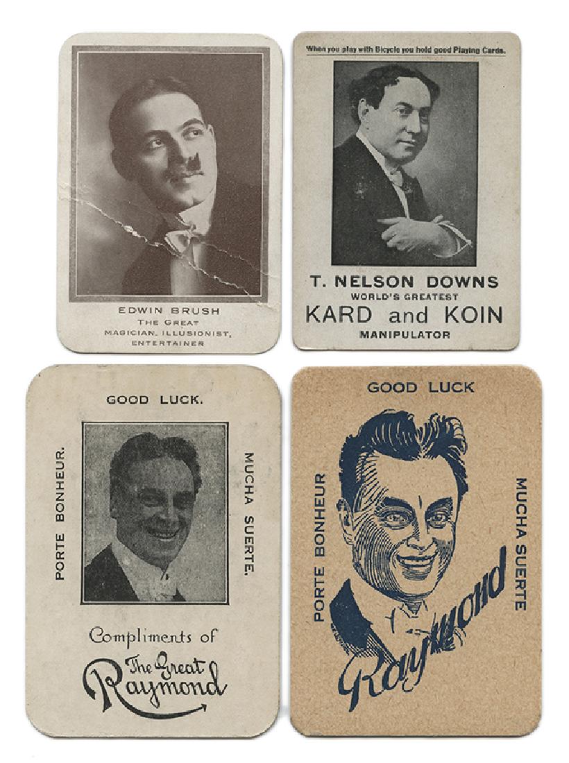 Group of Four Magicians' Throw-Out Cards.: [Throw-Out Cards] Group of Four Magicians' Throw-Out Cards. Vp, 1920s – 30s. Including examples for T. Nelson Downs, Edwin Brush, and The Great Raymond. Brush card with a heavy horizontal crease, ot