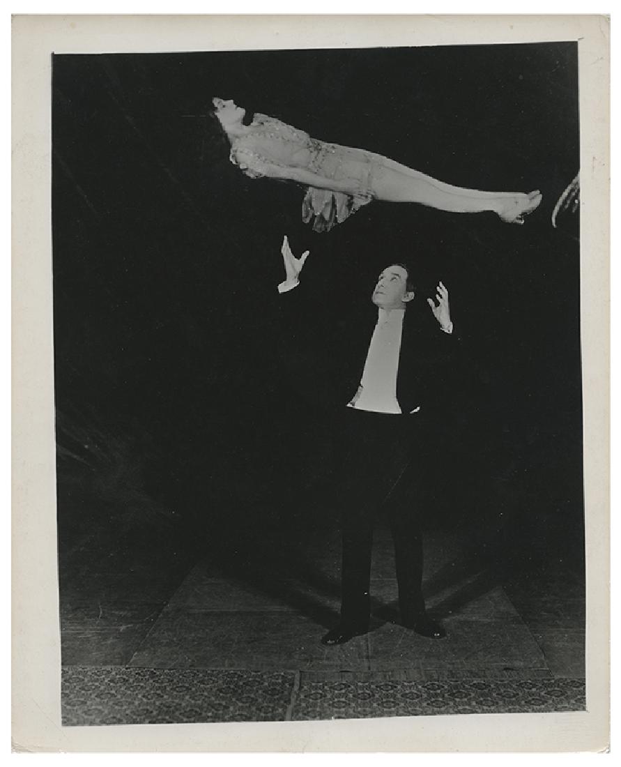 Six Photos of Thurston and His Illusions.: Thurston, Howard. Six Photos of Thurston and His Illusions. New York, 1930s. Vintage photos depicting Thurston and various assistants on stage and in the performance of various illusions. 10 x 8". Ver