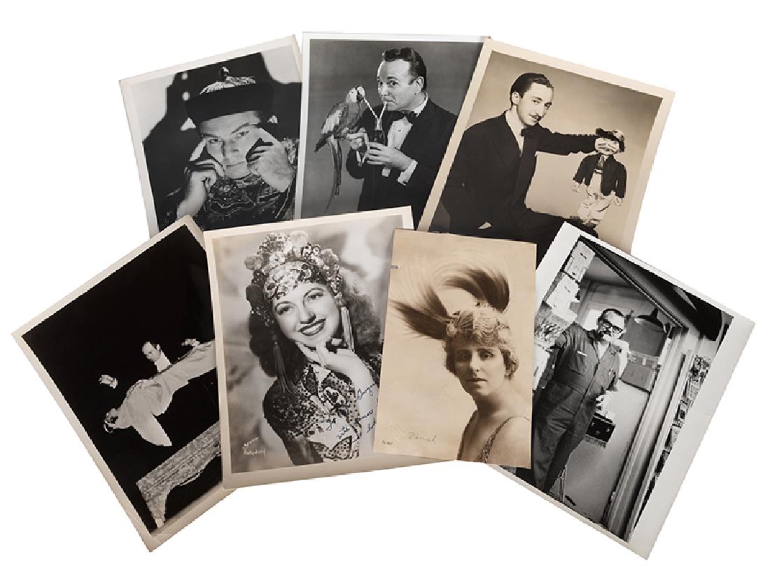 Vintage Photographs of Magicians, some signed.: [Photographs] Vintage Photographs of Magicians, some signed. 1910s – 70s. Over 60 vintage photographs, including images of famous and lesser-known performers, among them Clint Reidel, Charles Andres