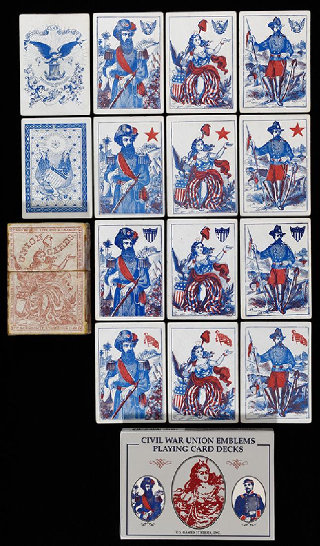 American Card Co. Union Playing Cards.: American Card Co. Union Playing Cards. New York, 1862. 52/52 + OB (top flap replaced). Excellent. Suit symbols replaced with national emblems designed by Benjamin W. Hitchcock: eagles, flags, shields 
