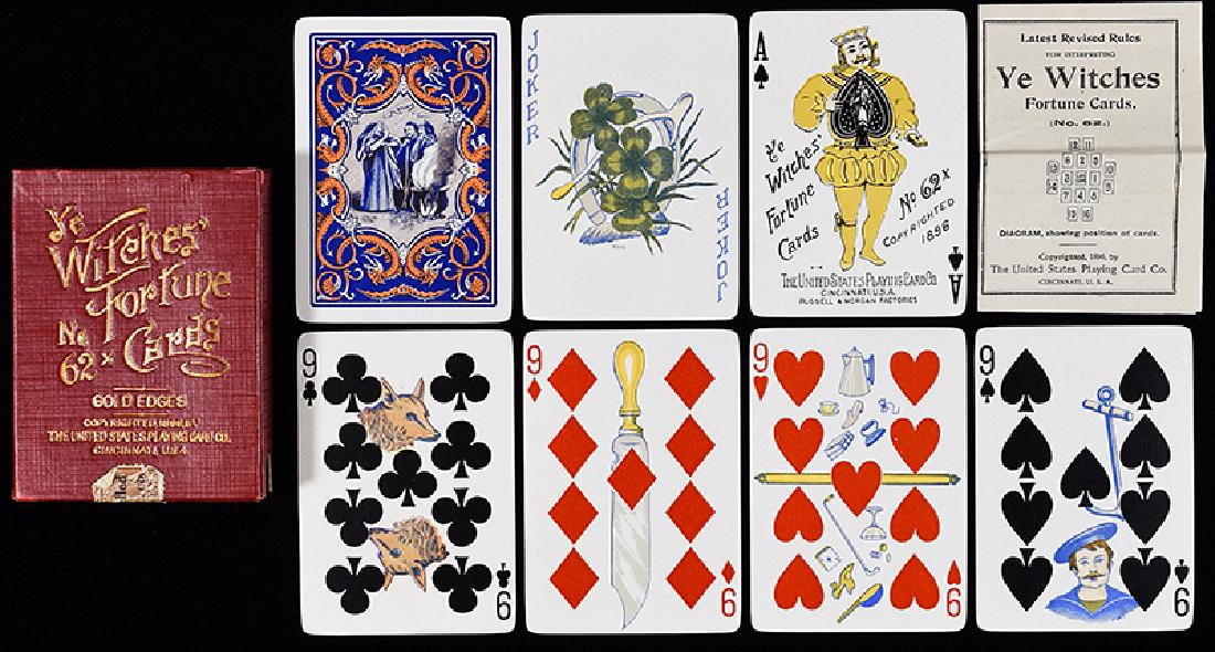 United States Playing Card Co. “Ye Witches’ Fortune No.: United States Playing Card Co. “Ye Witches’ Fortune No. 62x” Playing Cards. Cincinnati, ca. 1898. 52 + J + Booklet + OB. Mint. Deck is only a partial transformation but included in this category