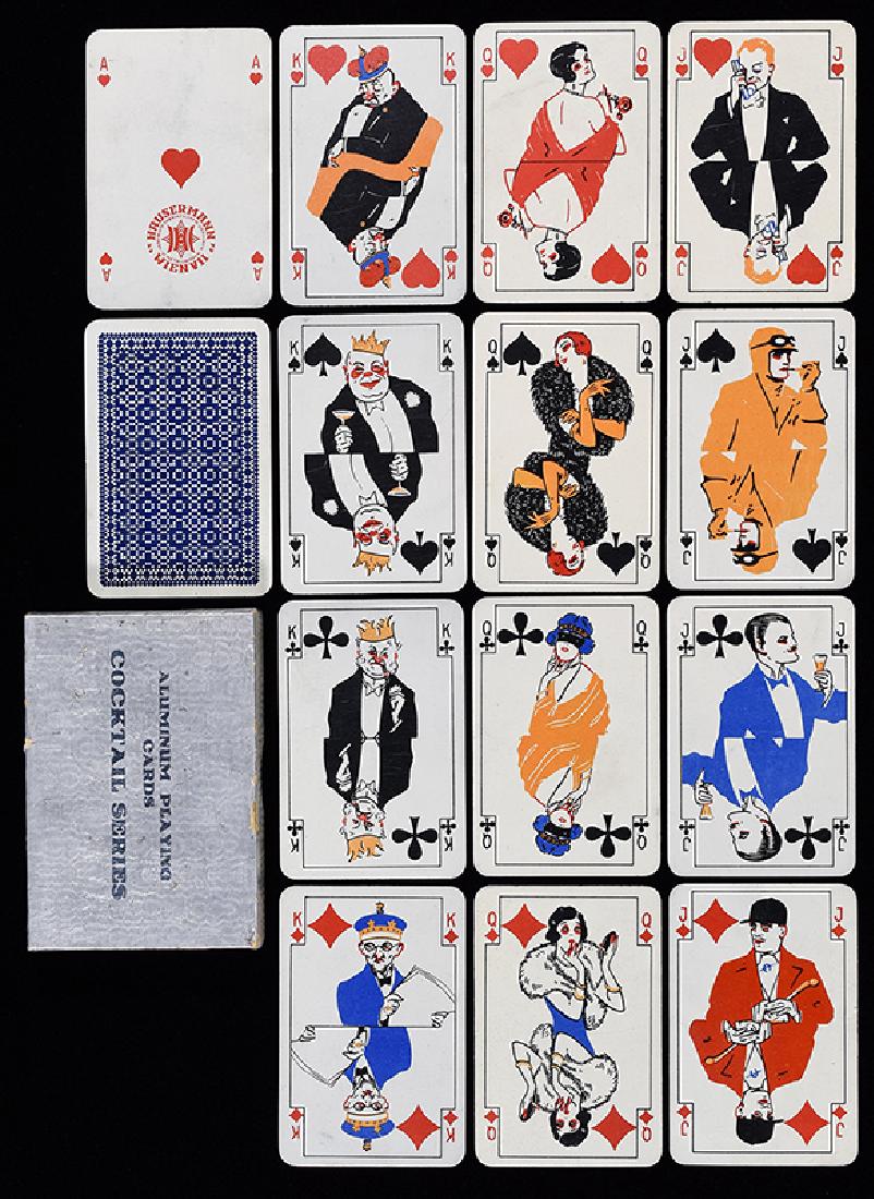 Hausermann “Cocktail Series” Aluminum Playing Cards.: Hausermann “Cocktail Series” Aluminum Playing Cards. Vienna, ca. 1925. 52 + OB. Excellent, slight crease on AD. Manufacturer’s stamp on AH. Courts designed in Art Deco style.