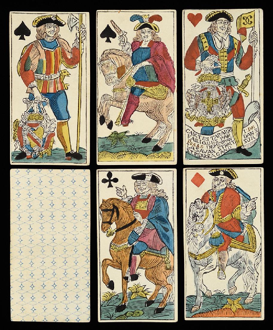 I DePorre “Cartes Taraux” Animal Tarot Pack.: I DePorre “Cartes Taraux” Animal Tarot Pack. Belgium: St. Pierre A Gand, ca. 1850. 71/78 (lacking 5h, 6d, 3c, VIII, fool, As and caballo of hearts). Excellent.
