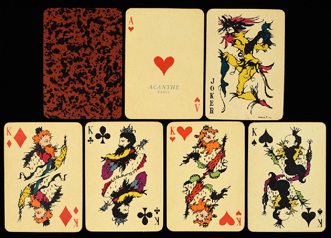 Acanthe “Surrealist” Playing Cards.: Acanthe “Surrealist” Playing Cards. Paris, 1950. 52 + J. Very good. Light soiling and two cards have a few bubbles on the face. Printed in eleven colors and backs are brownish marble. Artist’s n