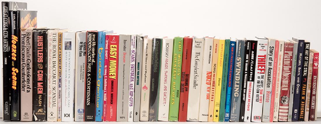 Lot of Over 25 books on Cons, Swindling, and Schemes.: Lot of Over 25 books on Cons, Swindling, and Schemes. 1960s – 1990s. Including Hustlers and Con Men (1976) by Jay Robert Nash, Sting Shift: A Street-Smart Cop’s Handbook of Cons and Swindles (1989
