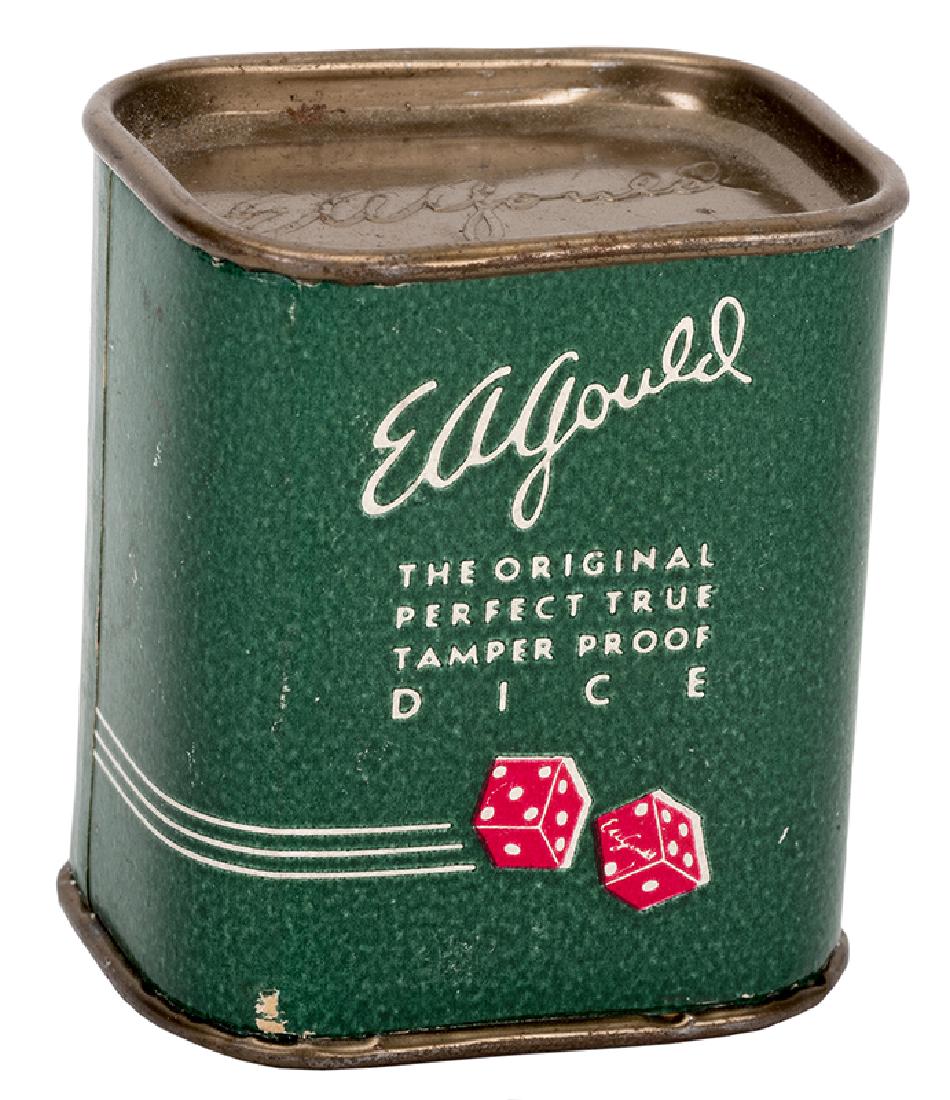 Tamper Proof “Dice in a Can.”: Tamper Proof “Dice in a Can.” Kansas City: E.A. Gould, ca. 1950. “The original perfect true tamper proof dice” housed in an embossed can, with pictorial wrapper. Sealed. Sold in Winner Supply