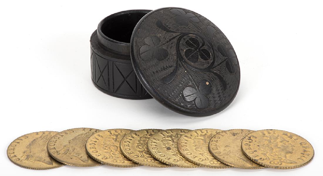 Wood Whist Counter Box with Eight Brass Counters. (1 of 1)