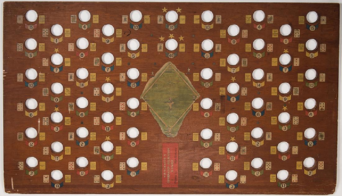 H.P. Schafer’s Combination Recreation Board.: H.P. Schafer’s Combination Recreation Board. Peoria, ca. 1920. Roll the balls and get a certain combination of playing cards, baseball terms or numbers and win a prize. Nice hand painted baseball sc