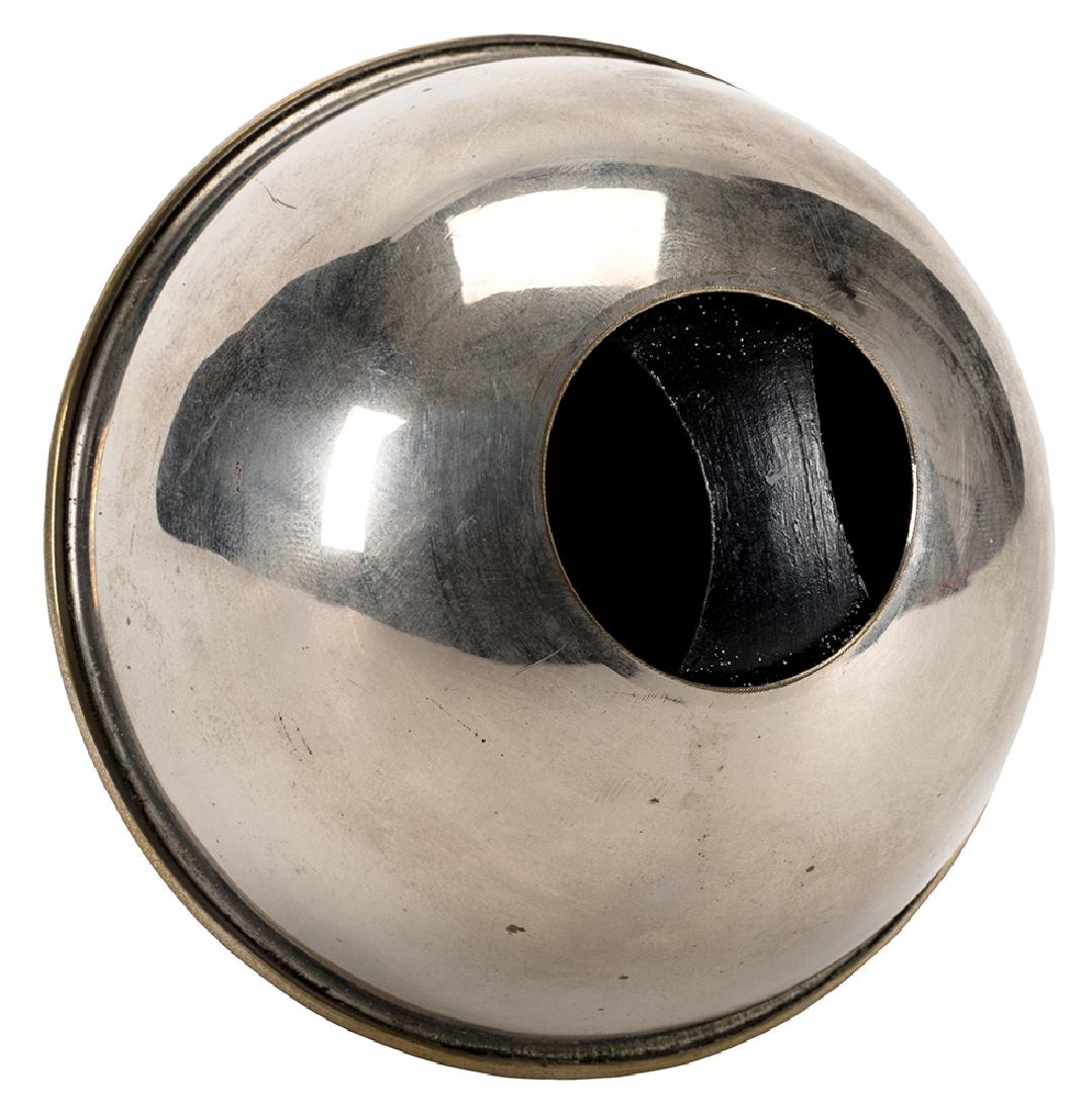 Handkerchief Burning Globe.: Handkerchief Burning Globe. Circa 1890. Nickel-plated brass globe transforms a quantity of burning cotton into crisp, bright silk handkerchiefs. Unusual handheld model, possibly lacking lid. 3 ¾” d