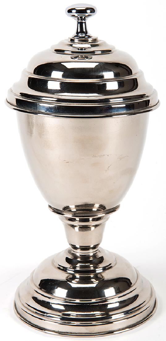 Rice Vase.: Rice Vase. Circa 1900. Rice or bran vanish from inside the vase or change into a solid object. Spring plunger gimmick. Spun vase; highly polished chrome plated brass. Possibly lacks secondary gimmick 