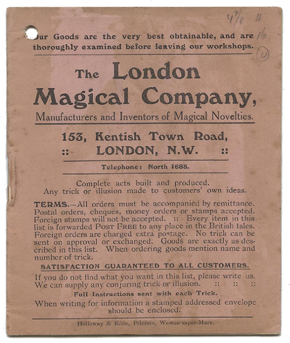 The London Magical Company.: The London Magical Company. London, ca. 1910s. Pink printed wrappers. 16mo. Unpaginated gathering of 8 leaves, with descriptions of more than 80 magic tricks. Light soiling.