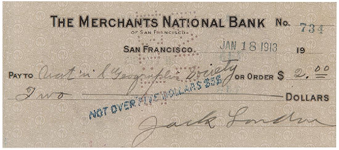 London, Jack. Signed personal check. To National (1 of 1)