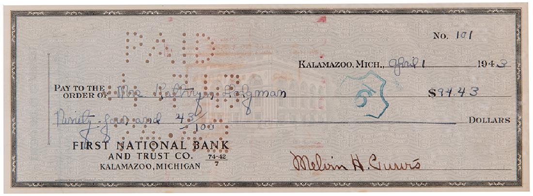 Purvis, Melvin. Signed personal check. (1 of 1)