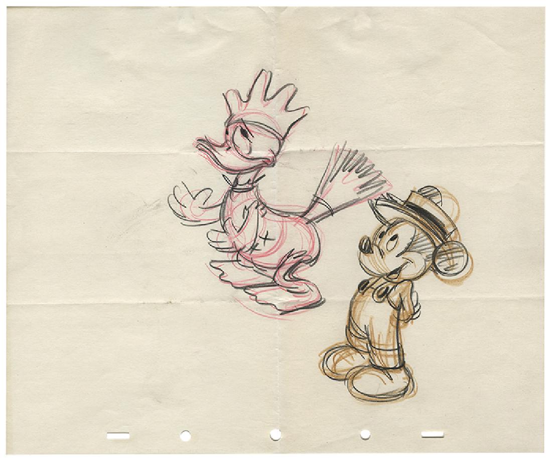 [Disney Studio] Mickey Mouse and Donald Duck Pencil: [Disney Studio] Mickey Mouse and Donald Duck Pencil Sketch. Disney, 1940. Colored pencil character sketches on one sheet of five-peghole composition paper, depicting Mickey Mouse in farmer’s hat and