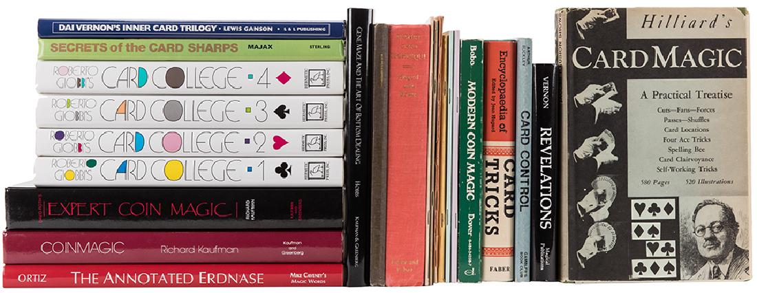Group of 15 Books on Conjuring and Magic, Plus Booklets: Group of 15 Books on Conjuring and Magic, Plus Booklets and a Video Collection. More than 50 pieces total, including Robert Giobbi’s Card College (4 vols.); Revelations by Dai Vernon; Expert Coin Ma