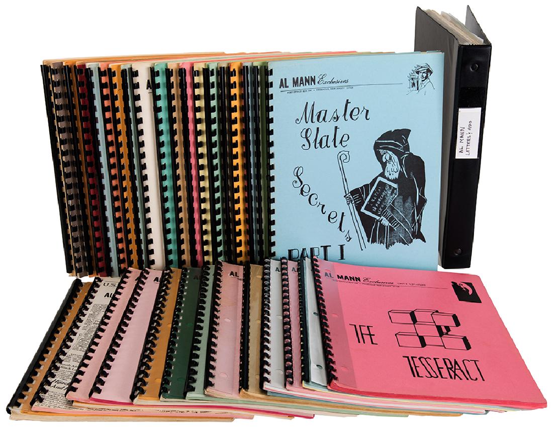 Mann, Al. File of 33 Al Mann Exclusives, and Ephemera.: Mann, Al. File of 33 Al Mann Exclusives, and Ephemera. Freehold, N.J., bulk 1970s. Comb-bound pictorial wrappers (some duplication of titles). 4to. Together with a binder of ephemera including a dozen