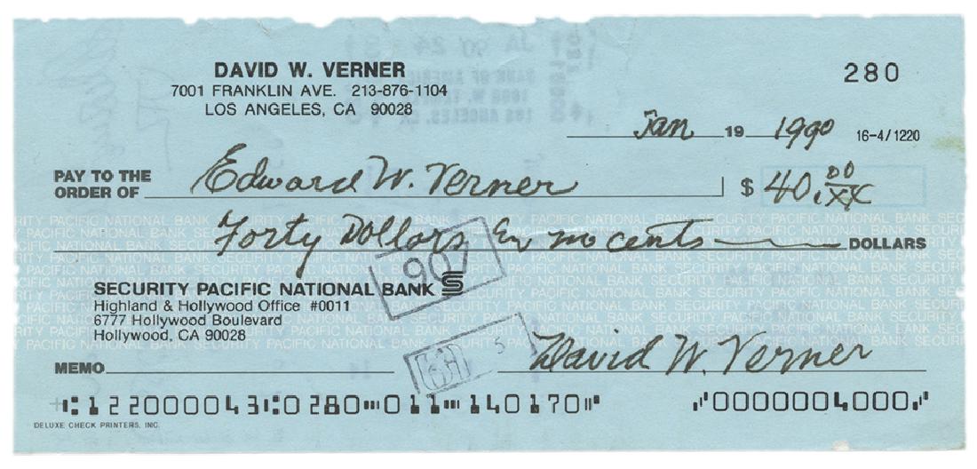 Collection of Over 200 Bank Checks Endorsed by: [Autographs] Collection of Over 200 Bank Checks Endorsed by Magicians. 1980s—90s. Including a check signed by Dai Vernon ( “David W. Verner”) to a son, Edward W. Verner; the others from Jeff Bus