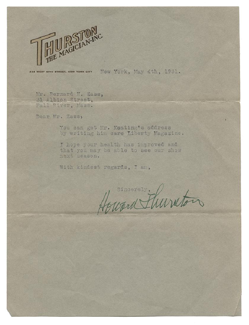 Thurston, Howard. Typed Letter Signed to Bernard Zass. (1 of 2)