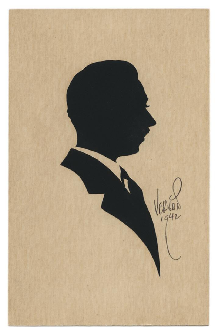 Silhouette of a Gentleman by Vernon.: Vernon, Dai (David Frederick Wingfield Verner). Silhouette of a Gentleman by Vernon. 1942. Scissor-cut silhouette on original card mount, the subject unidentified but possibly being Sam Leo Horowitz,