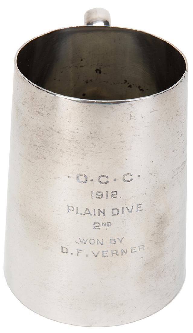 Vernon, Dai. O.C.C. Plain Dive Trophy.: Vernon, Dai (David Frederick Wingfield Verner). O.C.C. Plain Dive Trophy. Ottawa, 1912. Silver tankard with glass bottom, awarded to Vernon and engraved: “O.C.C./ 1912/ Plain Dive/ 2nd/ Won by D.F.