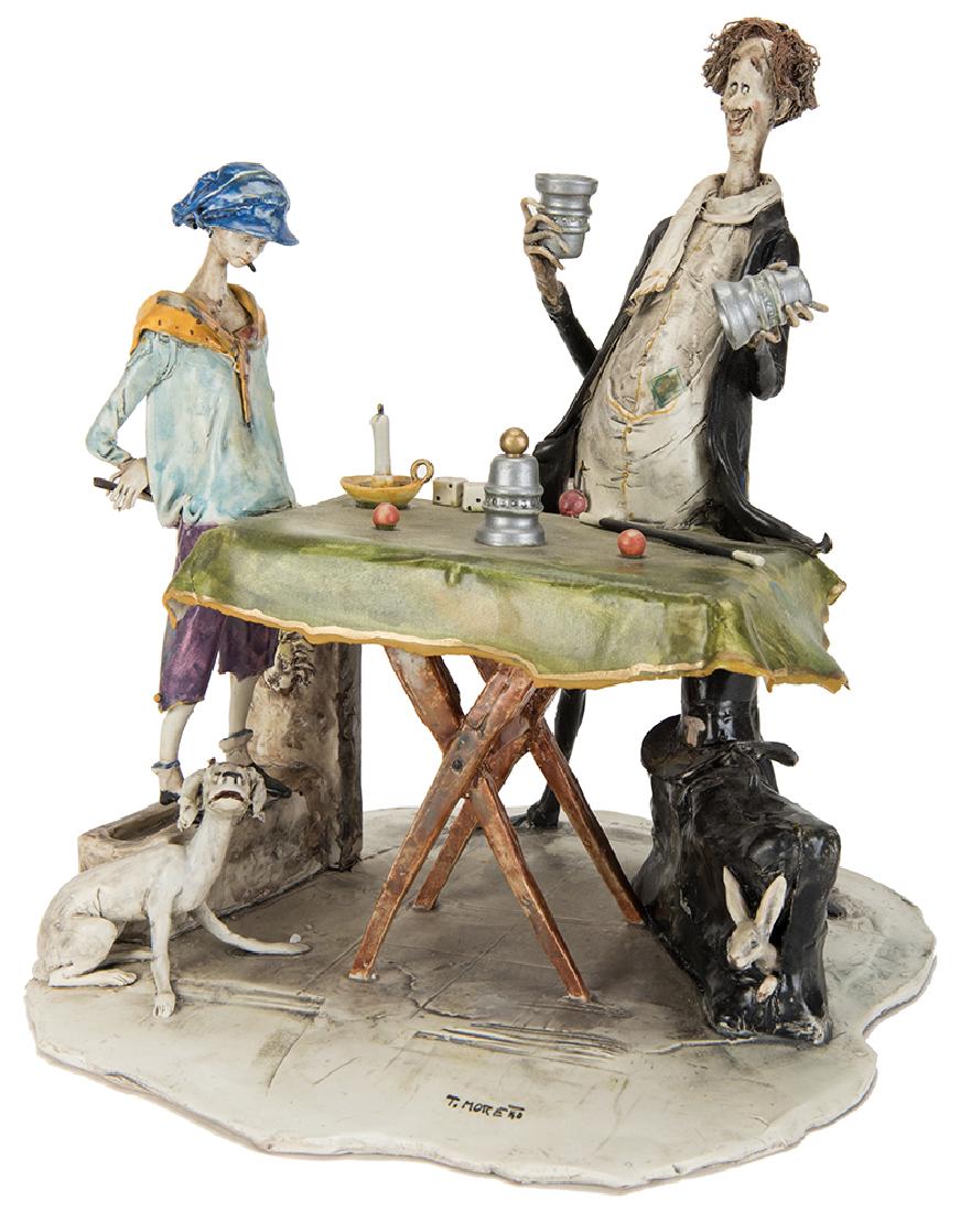 Cups and Balls Magician Sculpture.: Moretto, Toni (Italian, 1929 – 2011). Cups and Balls Magician Sculpture. Italy, Lo Scriccolo, ca. 1995. Caricaturish depiction of a conjurer behind a table on which he performs the classic Cups and