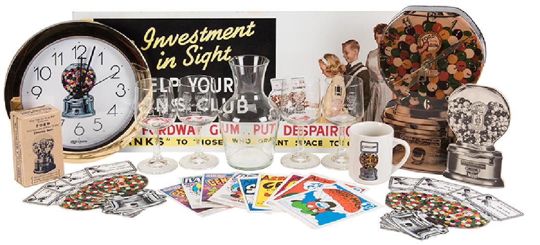 Lot of Miscellaneous Ford Gumball Items.: Lot of Miscellaneous Ford Gumball Items. Including three clocks, two complimentary Ford Gum and Machine Company souvenir plates dated 1939 (one in the original box given to Governor James A. Rhodes);