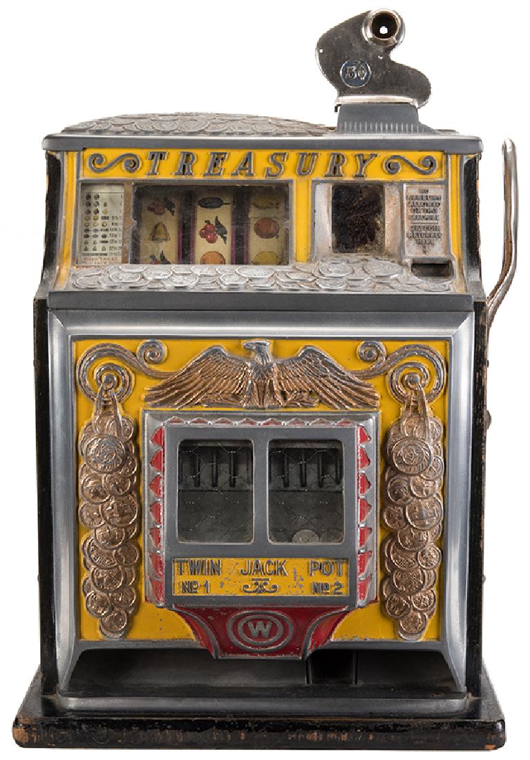 Watling Mfg. Co. 5 Cent Treasury Twin Jackpot Original: Watling Mfg. Co. 5 Cent Treasury Twin Jackpot Original Slot Machine. Chicago, ca. 1935. This machine is all original including back door and cash box. Original decals and stenciling on the bottom. Loc