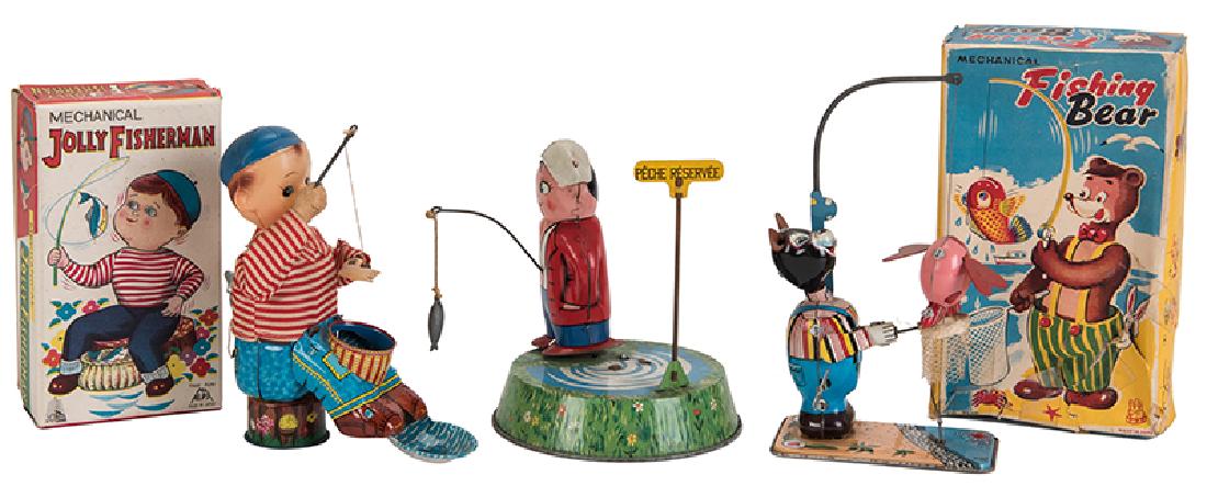 Trio of Fishing-Themed Tin Litho Wind-Up Toys. (1 of 1)