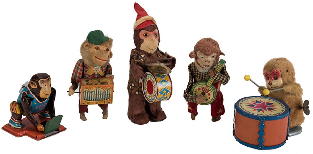 Five Vintage Wind-Up Monkey Plush and Tin Toys. (1 of 1)