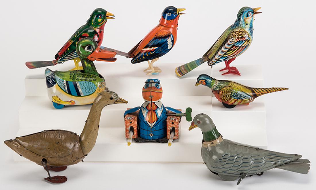 Lot of Eight Wind-Up Tin Litho Bird and Duck Toys. (1 of 1)