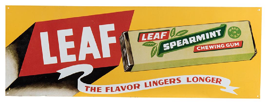 Leaf Spearmint Chewing Gum Tin Advertising Sign. The: Leaf Spearmint Chewing Gum Tin Advertising Sign. The Flavor Lingers On. Circa 1940. 25 x 9”. Near mint.