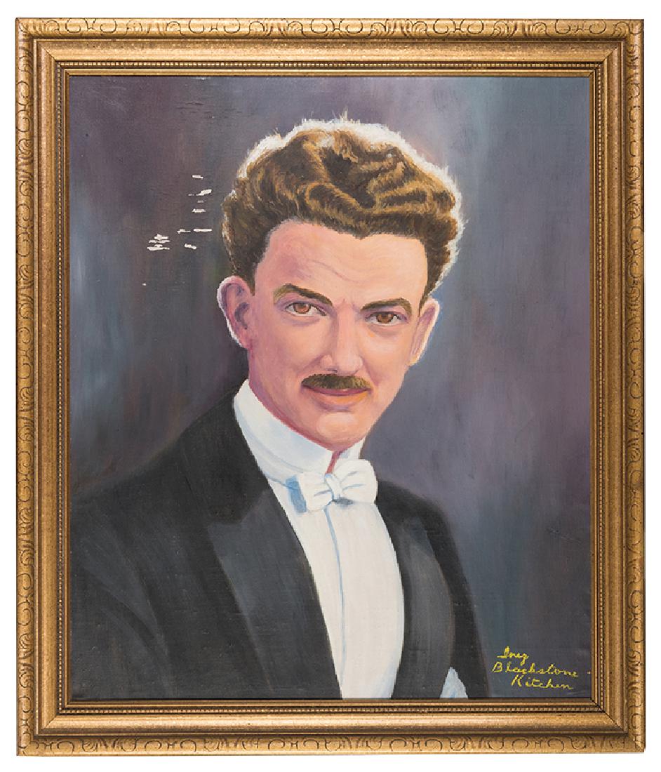 Portrait of Blackstone by Inez Blackstone—Kitchen.: Blackstone, Harry (Henry Boughton). Portrait of Blackstone by Inez Blackstone—Kitchen. Oil on canvas, a bust portrait of Blackstone. Original gilt wooden frame. 31 x 26". Cardboard storage crate ann