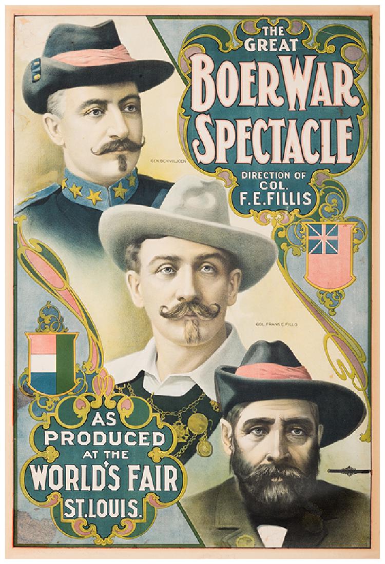 The Great Boer War Spectacle.: The Great Boer War Spectacle. As Produced at the World's Fair St. Louis. Circa 1905. Color lithograph depicts General Ben Vijoven, Col. Frank E. Fillis, and Gen Piet. Cronus (the latter name blacked-o