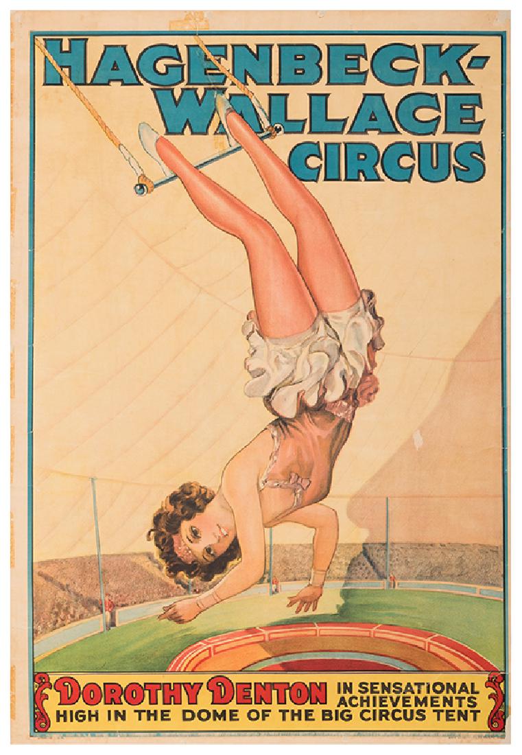 Hagenbeck-Wallace Circus. Dorothy Denton.: Hagenbeck-Wallace Circus. Dorothy Denton. Erie: Erie Lithography, ca. 1930s. Image of aerialist Dorothy Denton mid act. 41 3/4 x 28 1/4 ". Tears along edges, tape along edges. Linen backed. B.