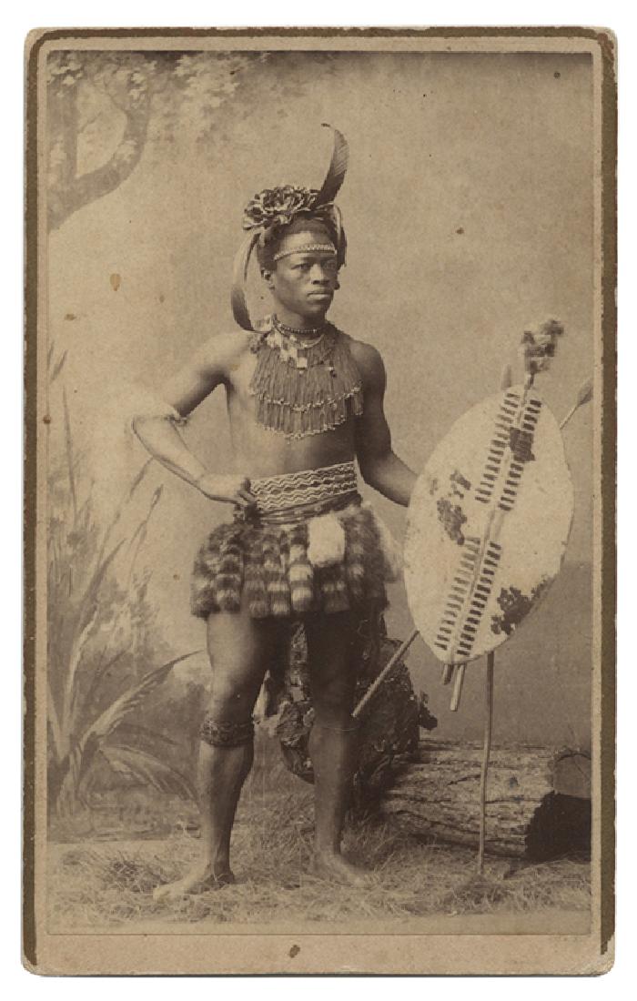 Group of Three Sideshow CDVs: Group of Three Sideshow CDVs. New York and Boston, Charles Eisenmann, John Wesley Nichols and L. W. Cook, ca. 1890s. Depicting a Zulu warrior; a "pinhead"; and one other. Each 2 1/2 x 4 1/4." Sound an