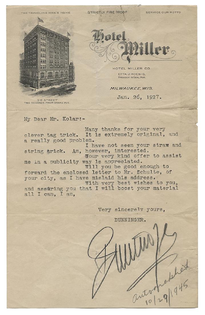 Dunninger Signed Letter, RPPC, and Program. (1 of 6)