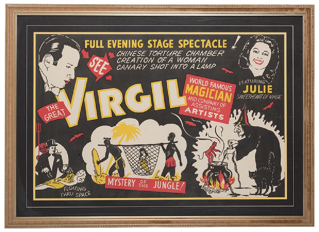 See The Great Virgil! Mystery of the Jungle!: Virgil (Virgil Harris Mulkey). See The Great Virgil! Mystery of the Jungle! Mason City: Central Show Printing Co., ca. 1949. Three-color poster depicting scenes from Virgil’s show, including witches