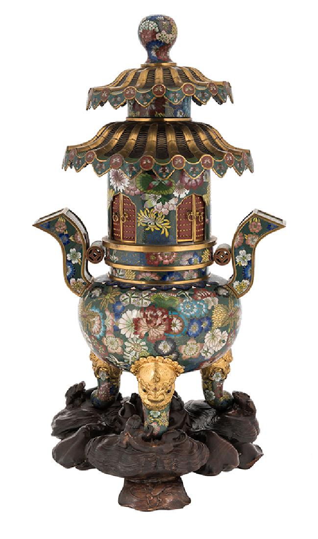 Chinese Cloisonne Incense Burner and Cover on Carved (1 of 1)