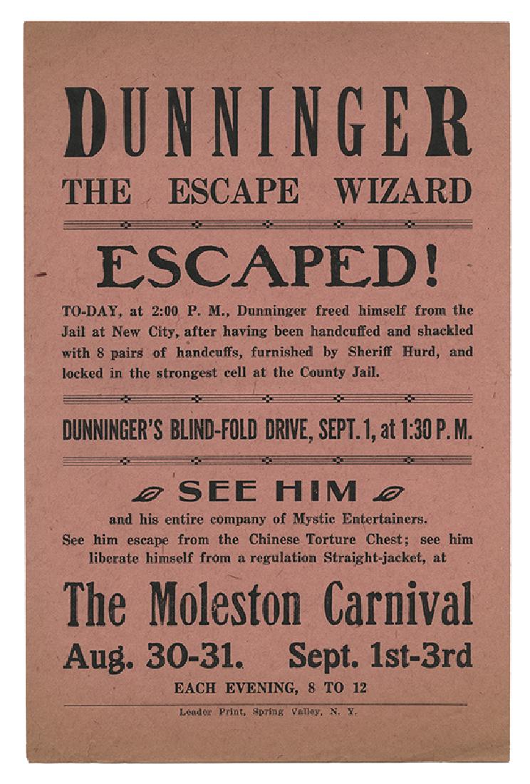 Dunninger Escape Wizard Handbill. Moleston Carnival. (1 of 2)