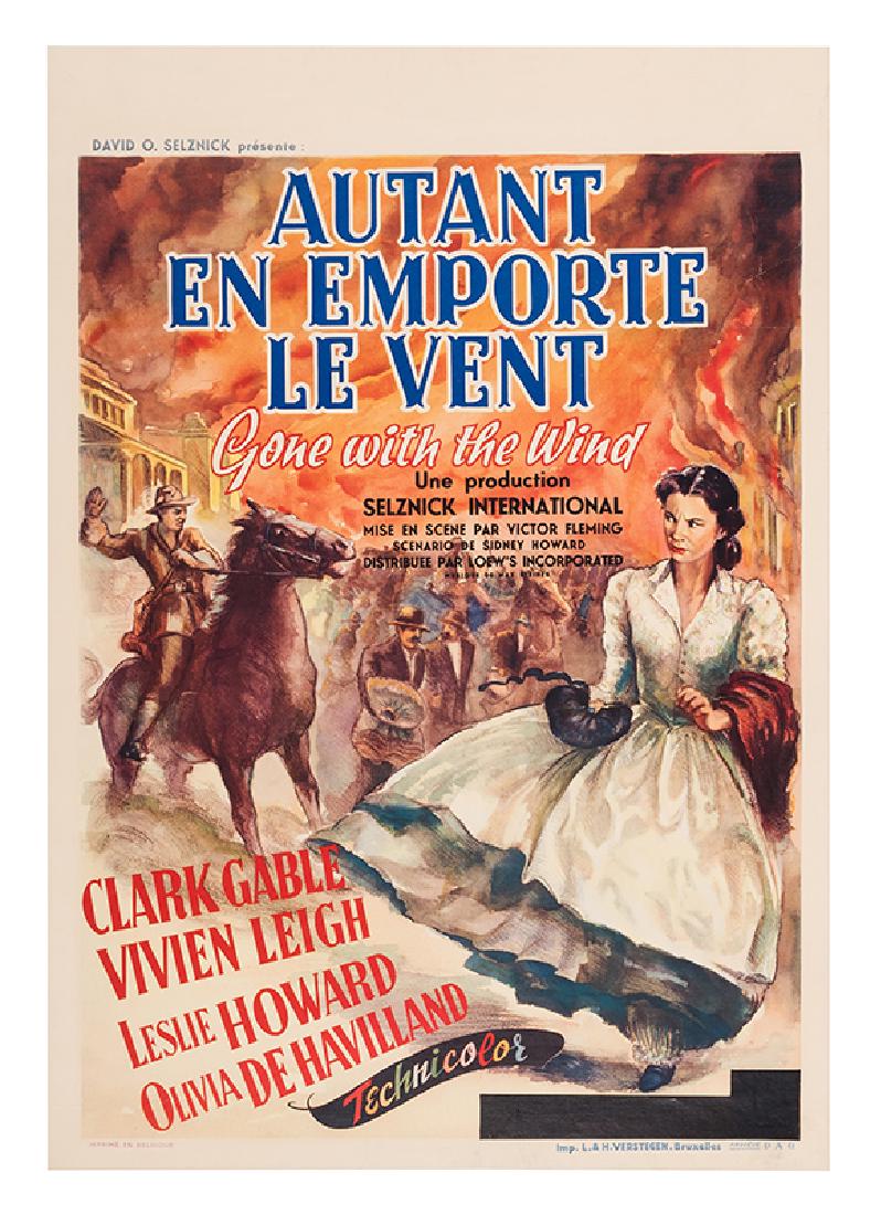 Gone With the Wind.: Gone With the Wind. MGM, 1939. Pre-war Belgian (33 x 23”). Classic Technicolor Civil War epic starring Clark Gable and Vivien Leigh. Linen backed. MGM logo blacked out, a common practice at the time