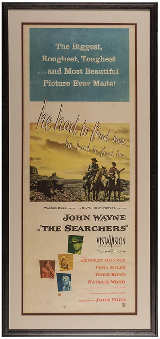 The Searchers.: The Searchers. Warner Bros., 1956. Insert (36 x 14”). Directed by John Ford, and starring John Wayne alongside Jeffrey Hunter, Vera Miles, Ward Bond, and Natalie Wood. Unrestored, with horizontal fo