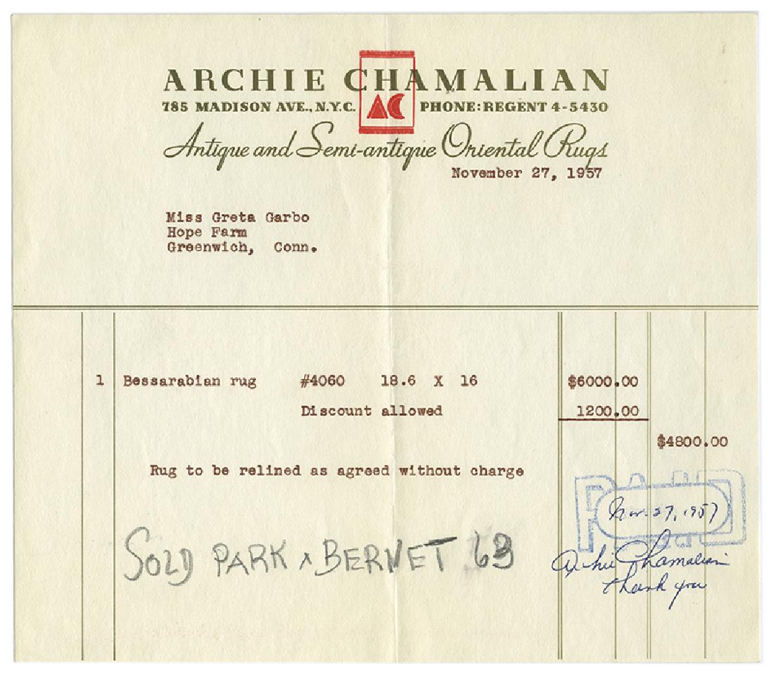 Greta Garbo’s Oriental Rug Purchase Receipt. (1 of 1)