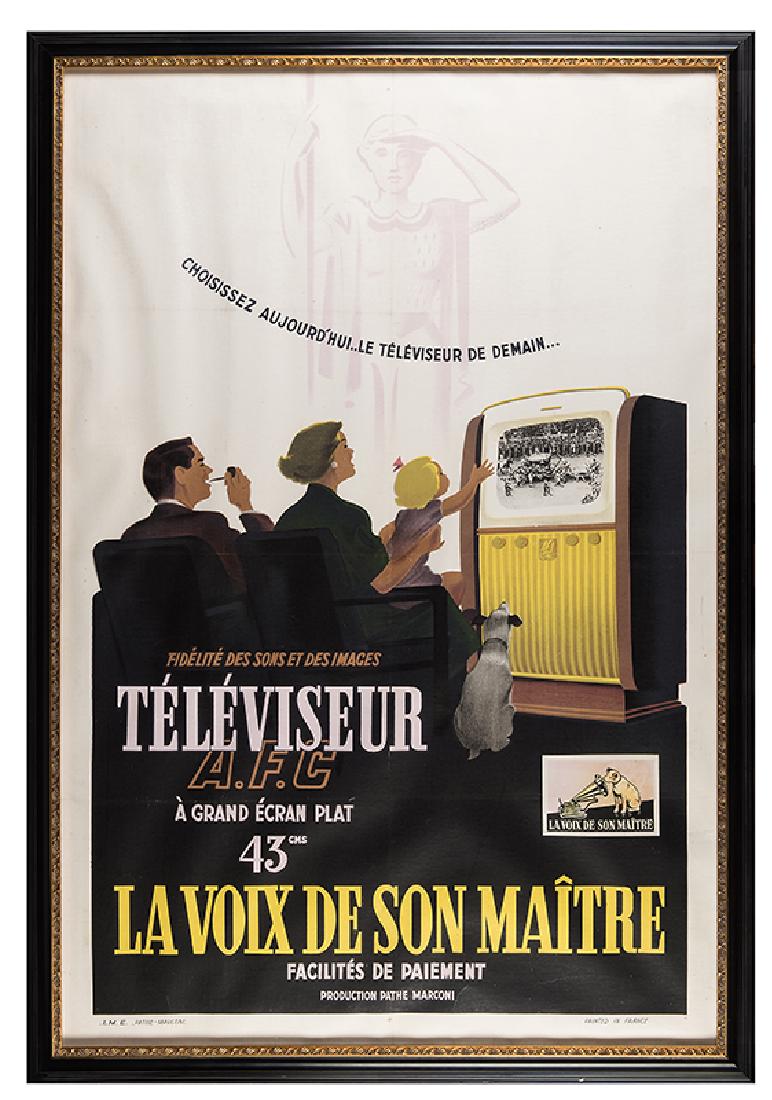 Téléviseur A.F.C. : Téléviseur A.F.C. France: I.M.E., 1953. Vintage poster advertises RCA Victor televisions in France, and features Nipper and the trademark line “His Master’s Voice” in French. The Queen’s co