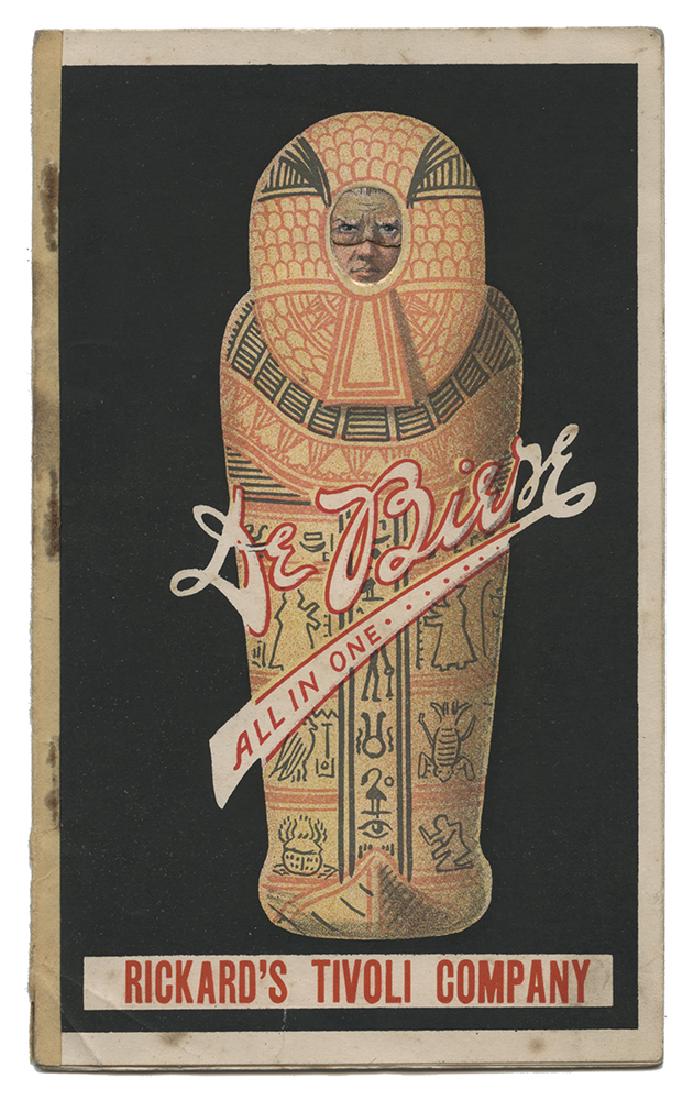 De Biere "All in One" Souvenir Costume-Change Pamphlet.: De Biere, Arnold. De Biere "All in One" Souvenir Costume-Change Pamphlet. [London], 1919. An elaborate die cut and chromolithographed souvenir booklet. The cover shows a sarcophagus bearing DeBiere’