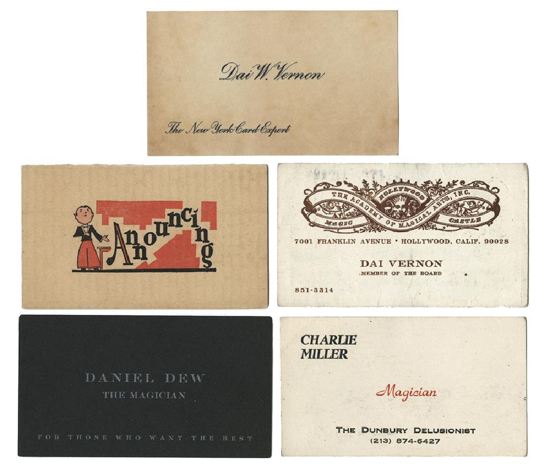 Group of Magicians’ Business Cards.: [Business Cards] Group of Magicians’ Business Cards. Ca. 1928 – 1980. Thirteen business cards, including two early Danny Dew cards; two Dai Vernon cards; Charlie Miller; Gerald Kosky; Jerry Andrus