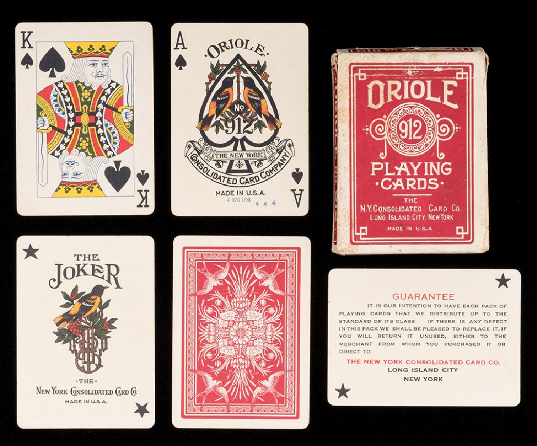 Oriole 912 Playing Cards.: Oriole 912 Playing Cards. New York: N.Y.C.C., ca. 1915. 52 + J + EC + OB. Excellent. The deck features a beautiful multi-colored Ace of Spades and Joker. The birds and foliage are in full accurate col