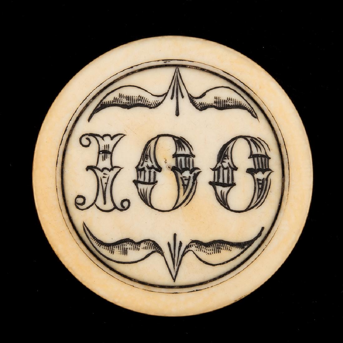 $100 Scrimshawed Poker Chip.: $100 Scrimshawed Poker Chip. American, ca. 1890. Lots of scrimshaw inside the numerals and leaf design top and bottom. Mustard rim and remains of mustard on border. 1 3/8". This size not in Seymour, b
