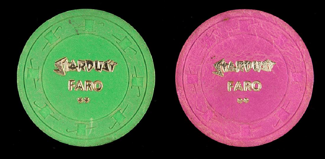 Two Stardust Faro Chips.: Two Stardust Faro Chips. Las Vegas, ca. 1985. Pink and green. Strong gold stamping. Minor dirt and edge chips otherwise excellent.