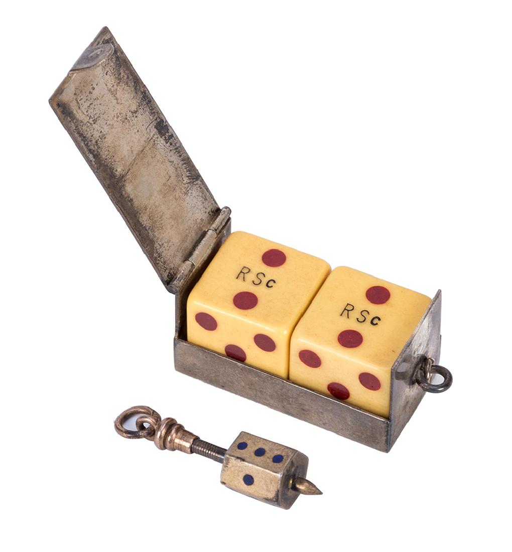 Sterling Silver Watch Fob with Two Dice & Brass Put & (1 of 2)