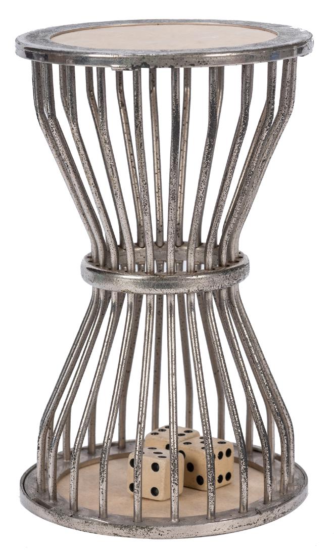 Chuck-A-Luck Hand Held Cage with Three Dice.: Chuck-A-Luck Hand Held Cage with Three Dice. American, ca. 1930. Nice nickel-plated hand-held dice cage with three dice. Most likely used in a bar to shake for drinks. 4 1/2". Very good.